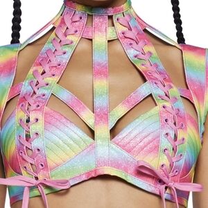 Dolls Kill Rude Awakening Harness Bra Top - Glitter Rainbow